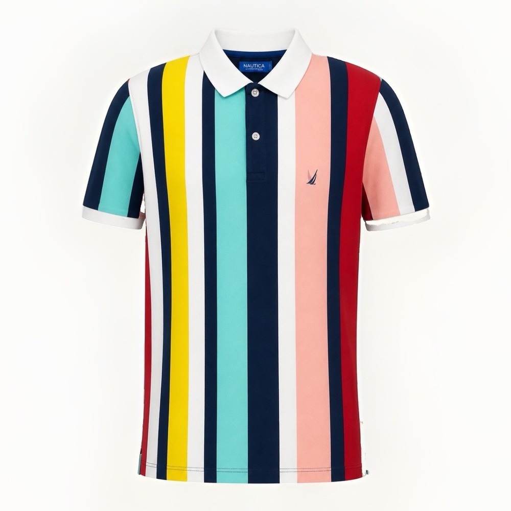 Rare 90-s Vintage Nautica Blue Sail Striped Polo Shirt Men's 2XL Colorblock